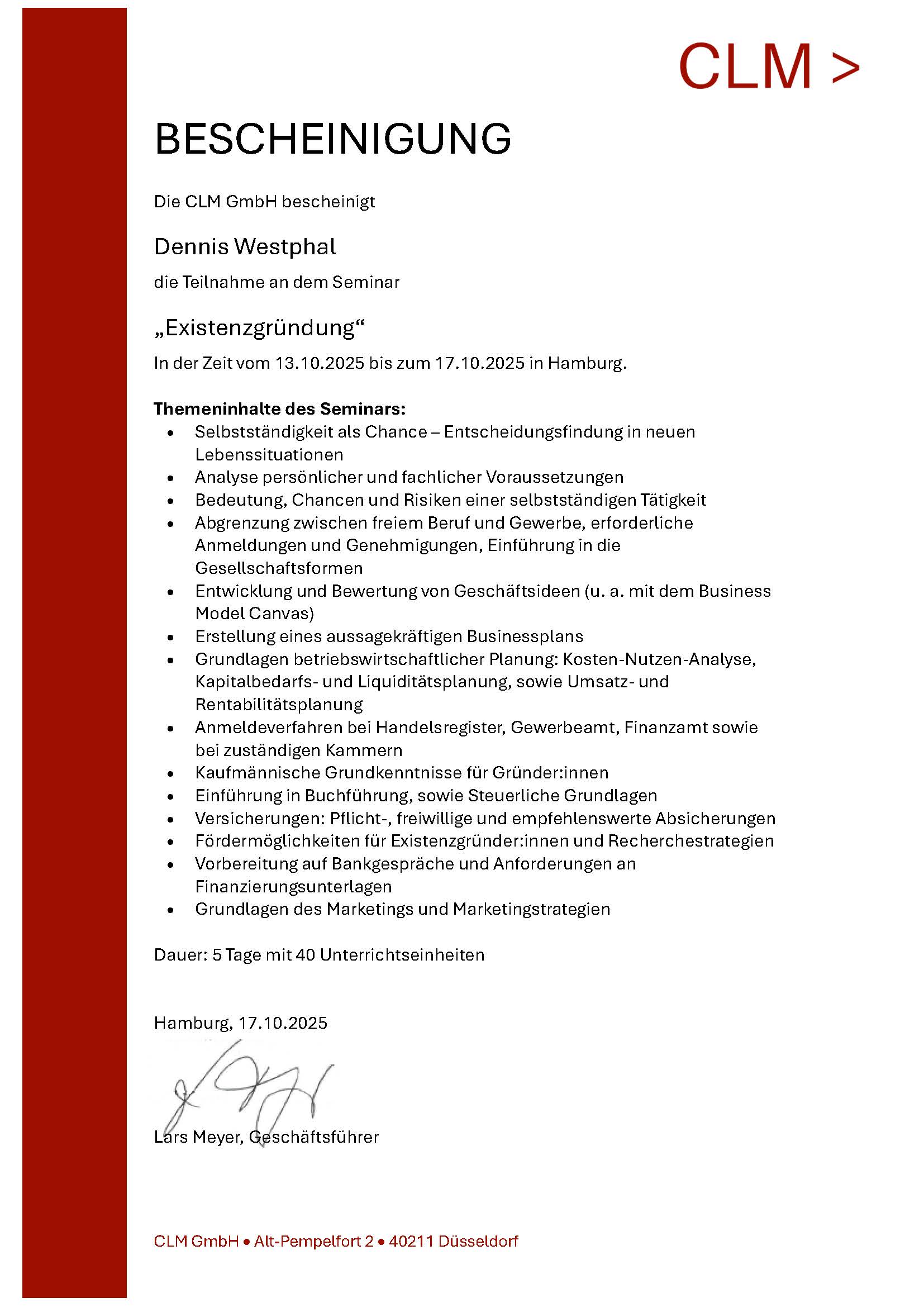 Bescheinigung Westphal